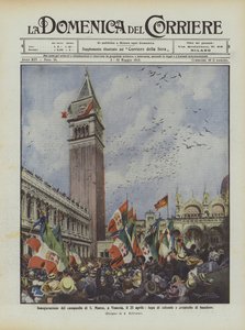 Einweihung des Glockenturms von S. Marco in Venedig am 25. April, Taubenflucht und Fahnenwehen von Achille Beltrame