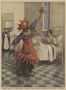 Eine Krankenschwester in einem englischen Krankenhaus heilt ein Kind, indem sie sich bizarr verkleidet