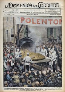 Italienisches Volksfest: Riesige Polenta (polentone) in einer Stadt in der Nähe von Asti in Venetien. Illustration von Achille Beltrame in 