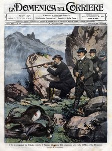 König von Italien Viktor Emanuel III. (Vittorio Emanuele) mit Prinz Albert I. von Monaco bei der Jagd auf den Steinbock. Titelblatt der Domenica del Corriere vom 14. August 1910