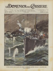 Die letzte Seeschlacht vor Port Arthur, die japanischen Torpedoboote greifen die russischen Torpedoboote an von Achille Beltrame
