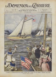 Die Abreise von Gloucester (USA) des Kapitäns Blackburn auf einem Segelkanu von Achille Beltrame