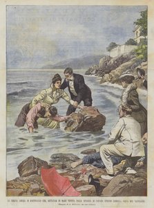 Die Königin Amélie von Portugal, die sich in voller Kleidung ins Meer stürzt von der Küste von Cascais von Achille Beltrame