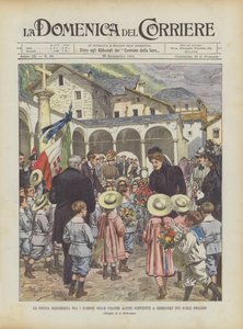 Königin Margherita unter den Kindern der Alpenkolonien, die in Gressoney zusammengekommen sind, um ihr zu huldigen von Achille Beltrame