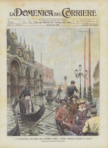 Die außergewöhnliche Flut der letzten Woche in Venedig, Gondeln und Boote auf dem Markusplatz von Achille Beltrame