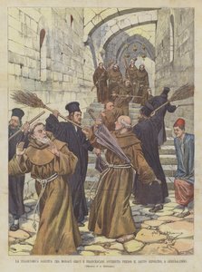 Die tragikomische Schlägerei zwischen griechischen Mönchen und Franziskanern am Heiligen Grab in Jerusalem von Achille Beltrame