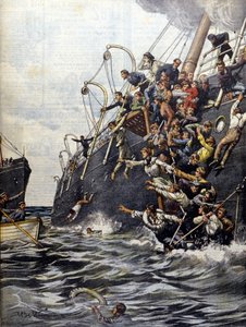 La catastrophe du Liban: les passagers se jettent à la mer après la collision avec un autre paquebot au large de Marseille. Illustration von Beltrame. La Domenica del corriere. 1903 von Achille Beltrame
