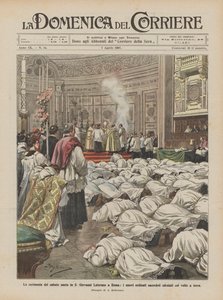 Die Zeremonie des Karsamstags in St. Johannes im Lateran in Rom, die neu geweihten Priester liegen mit dem Gesicht nach unten von Achille Beltrame