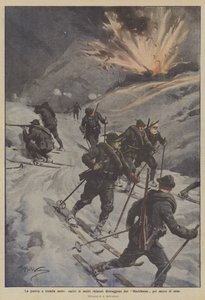 Der Krieg auf dreitausend Metern, unsere Skifahrer zerstören zwei Blockhäuser mit Minen von Achille Beltrame