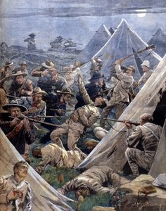 Der Burenkrieg oder Transvaal-Krieg in Südafrika: Die Buren greifen ein englisches Lager in Tweenfontein an (Illustration von Beltrame, La Domenica del Corriere, 1902)