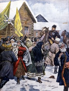 Der Aberglaube in Russland: Die Polizei versucht, die Sekte der neuen Christen zu zerstreuen. Illustration von Beltrame. La Domenica del corriere. 1901. von Achille Beltrame