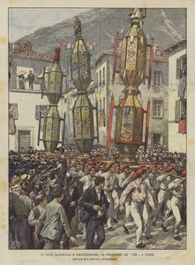 Die traditionellen und charakteristischen Feste, die Prozession der Kerzen in Gubbio von Achille Beltrame