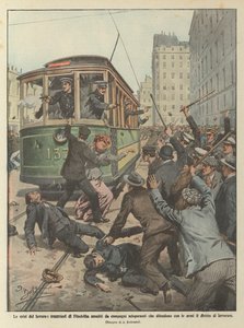 Die Arbeitskrisen, Straßenbahnfahrer in Philadelphia von streikenden Kollegen angegriffen von Achille Beltrame