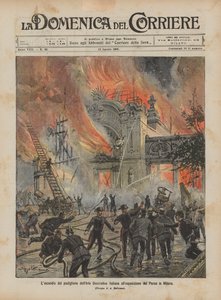 Der Brand des Pavillons für italienische dekorative Kunst auf der Ausstellung im Park in Mailand von Achille Beltrame