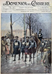 Marsch in Warschau zur Übung der Bevölkerung im Gebrauch von Gasmasken - Zeichnung von A. Beltrame, in „la Domenica del Corriere“ vom 22.11.1931 von Achille Beltrame