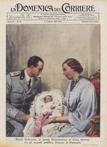 Maria Gabriella, die neue Prinzessin des Hauses Savoyen, zwischen den erhabenen Eltern, Prinzen von Piemont
