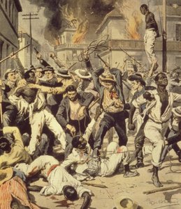 Mob jagt Schwarze in Springfield, Illinois, Achille Beltrame, aus La Domenica del Corriere, August 1908