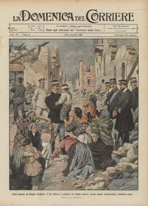 In der Marina von Reggio Calabria hebt und tröstet der König ein Kind, während einige Mütter kniend um Hilfe bitten