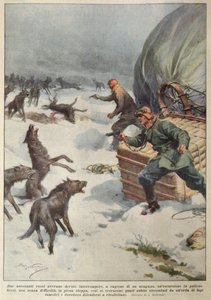 Rudel von Wölfen greifen die Besatzung eines gestrandeten russischen Heißluftballons an, Illustration aus 