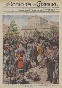Abreise des heldenhaften II. Bersaglieri von Neapel nach Ancona, Damen und Frauen schmücken die Soldaten mit Blumen