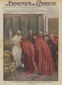 Pius X. empfängt in der Privatbibliothek und in familiärer Form das Heilige Kollegium der Kardinäle zu den Glückwünschen