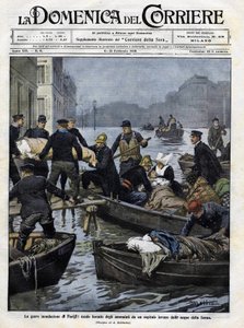 Rettung der Kranken in Paris während der Überschwemmungen im Februar 1910. Titelbild der „Domenica del Corriere“. Illustration von Achille Beltrame, 13. Februar 1910 von Achille Beltrame