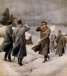 Wiederaufnahme des Krieges, Türkischer Parlamentarier kommt im bulgarischen Lager an und überbringt Nachricht über das Ende des Waffenstillstands, von Achille Beltrame, Illustration aus La Domenica del Corriere, 9. Februar von Achille Beltrame