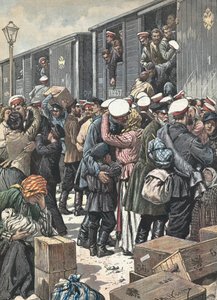 Russland. Abreise der Reservisten. Illustriert von Antonio Beltrame. La Domenica del Corriere. 9. Oktober