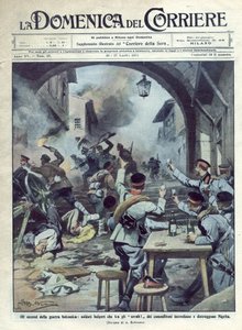 Zweiter Balkankrieg (1913) zwischen Bulgarien und Griechenland und der Türkei: Bulgarische Soldaten setzen Nigrita in Griechenland in Brand und zerstören es. La Domenica del Corriere. 07/1913. Illustration von Beltrame. von Achille Beltrame
