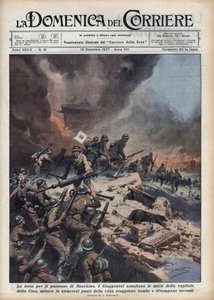 Zweiter Japanisch-Chinesischer Krieg (1937-1945): Episode des Massakers von Nanjing (Plünderung oder Vergewaltigung von Nanjing) während der Konflikte um den Besitz der Region. Illustration von Achille Beltrame in „La domenica del Corriere“ vom 19.12.1937.