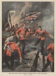 Englische Soldaten sterben, um die Regimentsfahne während des Kasernenbrands zu retten von Achille Beltrame