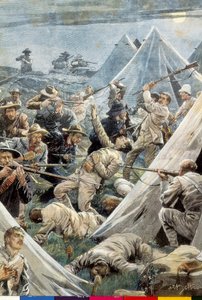 Südafrika. Zweiter Burenkrieg. Angriff auf das englische Lager von Tweefontein (1902). Illustration von Achille Beltrame. Stich.