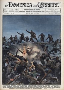 Spanischer Bürgerkrieg: Eine Division italienischer Freiwilliger flieht vor der spanischen republikanischen Armee in der Region Mérida, Spanien. Illustration von Achille Beltrame in „La domenica del Corriere“ vom 11.07.1937.