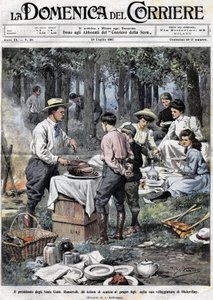 Der Präsident der Vereinigten Staaten Theodore Roosevelt (1858 - 1919) lehrte seine Söhne die Pflichten eines Mannes der guten Gesellschaft, indem er ihnen während eines Picknicks in seiner zweiten Residenz in Oister Bay das Bein abschnitt. Illustration vo von Achille Beltrame