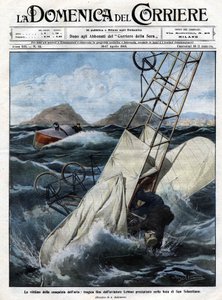 Das Drama der Luft: das tragische Ende des Fliegers Leblon, der in die Bucht von San Sebastian stürzte. Illustration von Beltrame. La Domenica del Corriere. 10-17/04/1910.