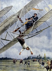 Die Dramen der Luft: Orville Wright und der amerikanische Leutnant Selfridge stürzen mit ihrem Flugzeug aus einer Höhe von dreißig Metern ab. Illustration von Beltrame. La Domenica del Corriere. 1908 von Achille Beltrame