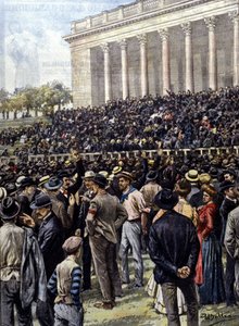 Der Generalstreik in Mailand: Tausende von Arbeitern versammelten sich in der Arena. Ill. von A. Beltrame. "La Domenica del Corriere" von Achille Beltrame