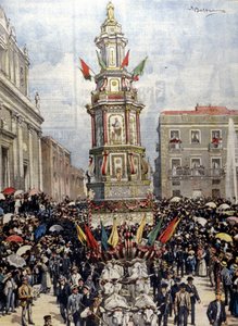 Traditionelles sizilianisches Fest: Ein Wagen wird in einer Prozession nach Casteltermini (Girgenti) geführt. Ill. von Beltrame. La Domenica del Corriere. 1904 von Achille Beltrame