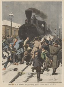 Tragischer Kampf zwischen einem russischen Lokomotivführer und einer Menge wütender Arbeiter von Achille Beltrame
