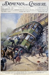 Straßenbahnunfall in Glasgow, Schottland: Ein Wagen kippte auf eine Porzellanauslage und auf Passanten - Zeichnung von A. Beltrame, in „La Domenica del Corriere“ vom 1. Februar 1931 von Achille Beltrame
