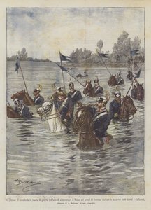 Ein Kavallerieplatoon in Kriegsaufstellung beim Überqueren des Ticino in der Nähe