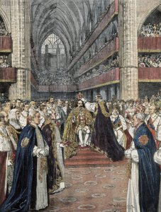 Krönung von Edward VII. in der Westminster Abbey. Illustration von Achille Beltrame, veröffentlicht in Domenica del Corriere. Gravur. von Achille Beltrame