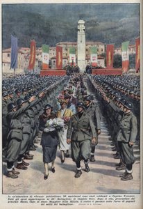 Hochzeitszeremonie von Mitgliedern der Schwarzhemden (camicie nere) in Caprino Veronese in Venetien. Illustration von Achille Beltrame in 