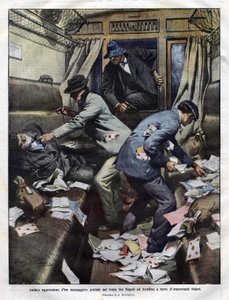 Banditenüberfall auf einen Postzug zwischen Neapel und Avellino im Jahr 1910 (Illustration von Achilles Beltrame für die „Domenica del Corriere“) von Achille Beltrame