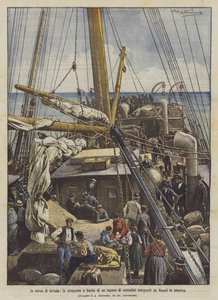 Auf der Suche nach Glück, das Frühstück an Bord eines Dampfers von Bauern, die von Neapel nach Amerika auswandern von Achille Beltrame