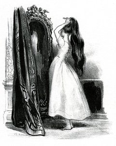 Madame Bovary, für Gustave Flauberts Roman - Emma Bovary häuft ihr langes Haar vor ihrem Spiegel von Achille Devéria