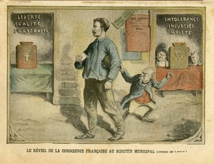 Illustration von Achille Lemot (1846-1909) in Le Pelerin, 01/05/04 - Das Erwachen des französischen Bewusstseins bei der Kommunalwahl - Wahlen, Religion Glaube, Block der Linken, Katholizismus Katholisch - Laizismus Laizität Laizistische Gesetze - Combes E von Achille Lemot