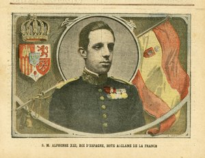 Illustration von Achille Lemot (1846-1909) in Le Pelerin, 04/06/05 - Seine Majestät Alfonso XIII., König von Spanien, gefeierter Gast Frankreichs - Spanien, Monarchie, Flaggen, Ausländischer Souverän - Alfonso XIII. von Achille Lemot