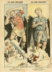 Illustration von Achille Lemot (1846-1909) in Le Pelerin, 05/11/05 - 1070 v. Chr. Jesus Christus 1905 n. Chr. - Antimaconismus Freimaurerei, Religion Glaube, Linker Block, Katholizismus - Laizismus Laizität Laizistische Gesetze - David, Goliath - Geschicht von Achille Lemot