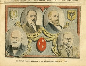 Illustration von Achille Lemot (1846-1909) in Le Pelerin, 09/07/05 - Der französisch-deutsche Konflikt, die Verhandlungsführer - Kolonisation Kolonialismus Kolonien, Deutschland Preußen, Marokko, Frankreich, Tanger - Rouvier Maurice (1842-1911), Bulow Bern von Achille Lemot